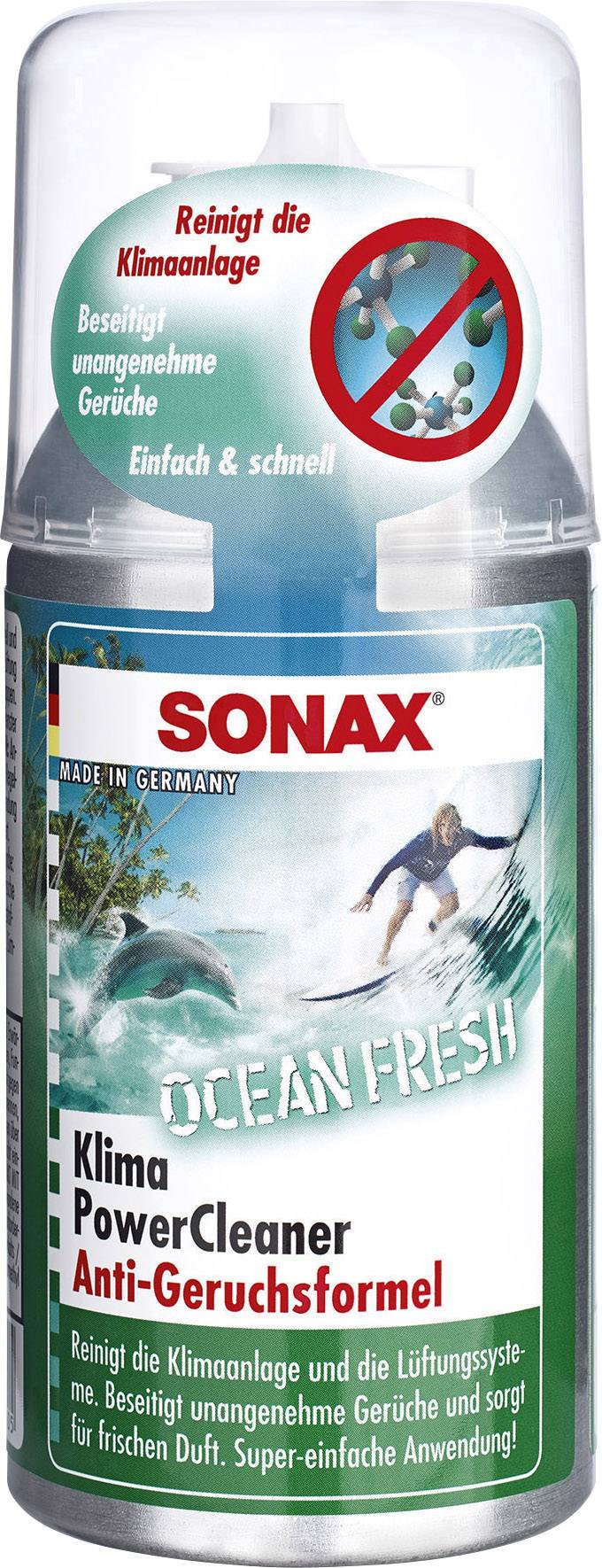 Sonax Air Conditioning PowerCleaner Ocean Fresh in Spray Bottle. Removes Odours, Cleans Air Conditioning. Illustration: Ocean Wave, Surfer.