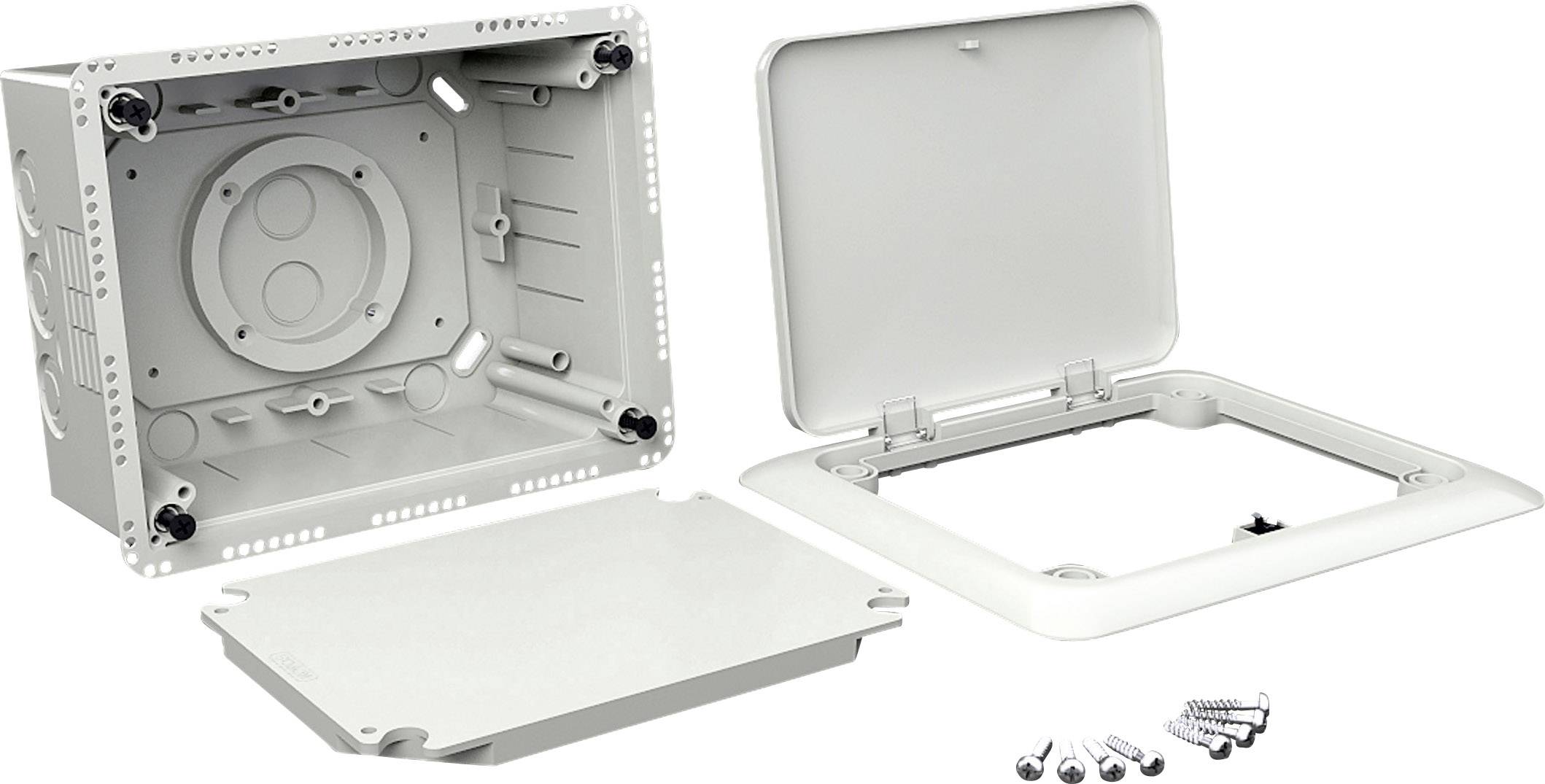 Grey, rectangular plastic enclosure with removable lids and included screws, designed for protecting electronic devices.