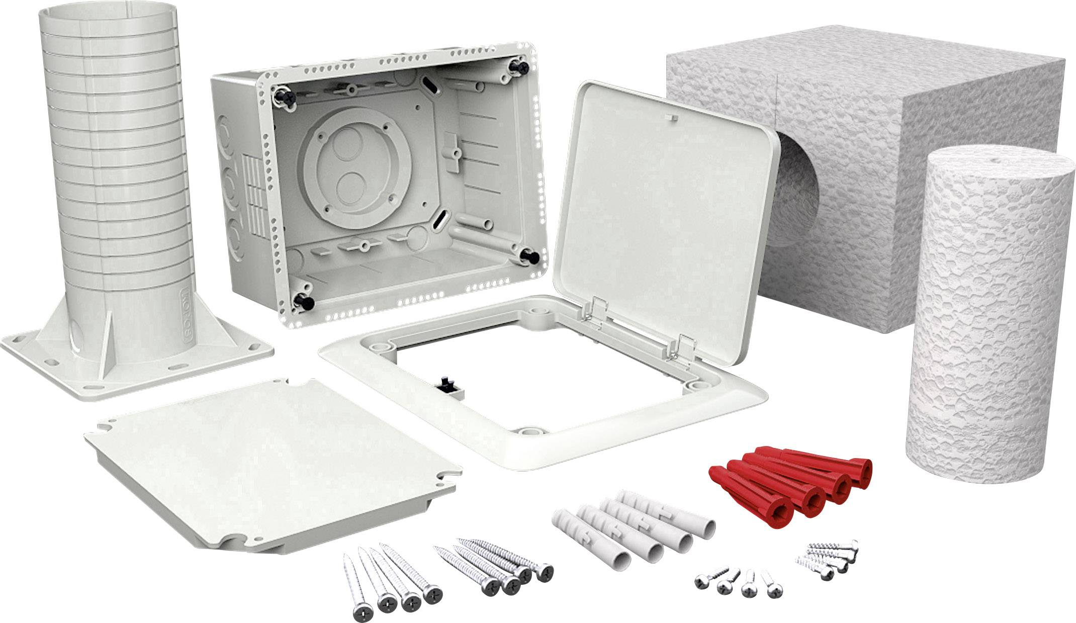 A ventilation kit with various components: rectangular ventilation box, circular pipes, covers, screws and wall plugs.