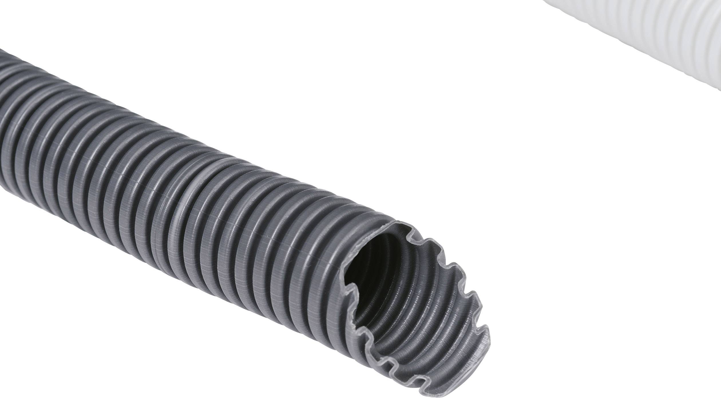 Grey, flexible corrugated conduit used for routing and protecting cables.