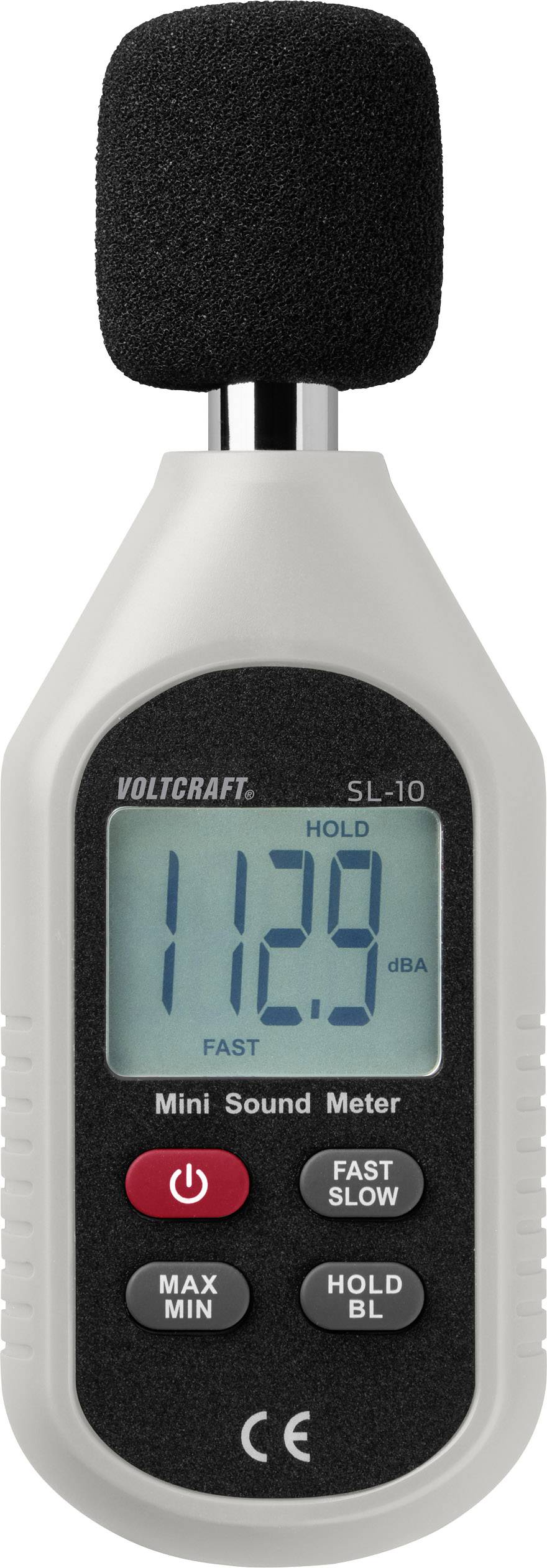 Sound level meter shows a volume of 112.9 dB. Device has red and grey buttons for functions such as 'MAX MIN' and 'HOLD BL'.