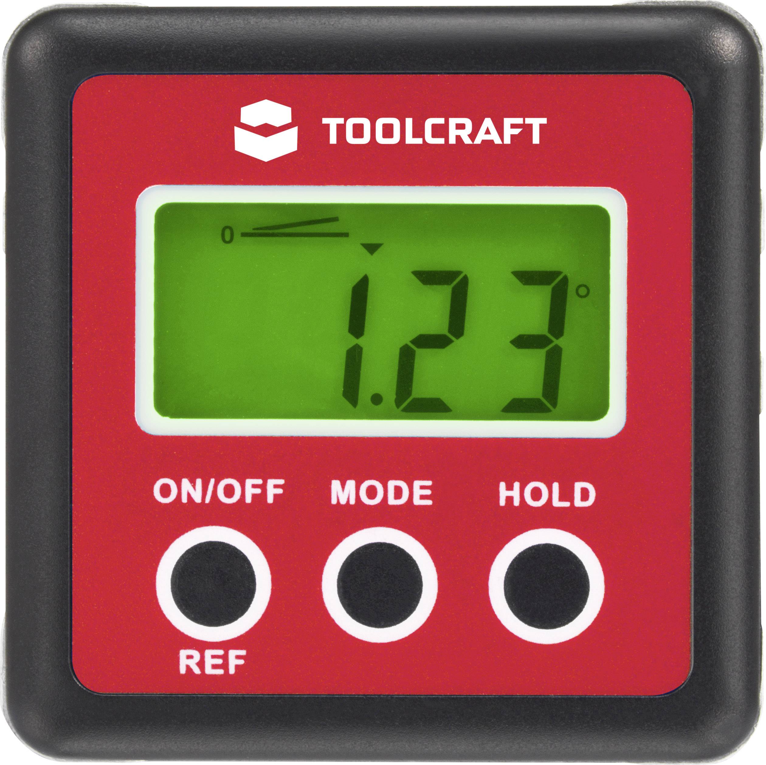 Digital angle gauge by Toolcraft with green display, showing '1.23°'. Functions: On/Off, mode change, value hold.