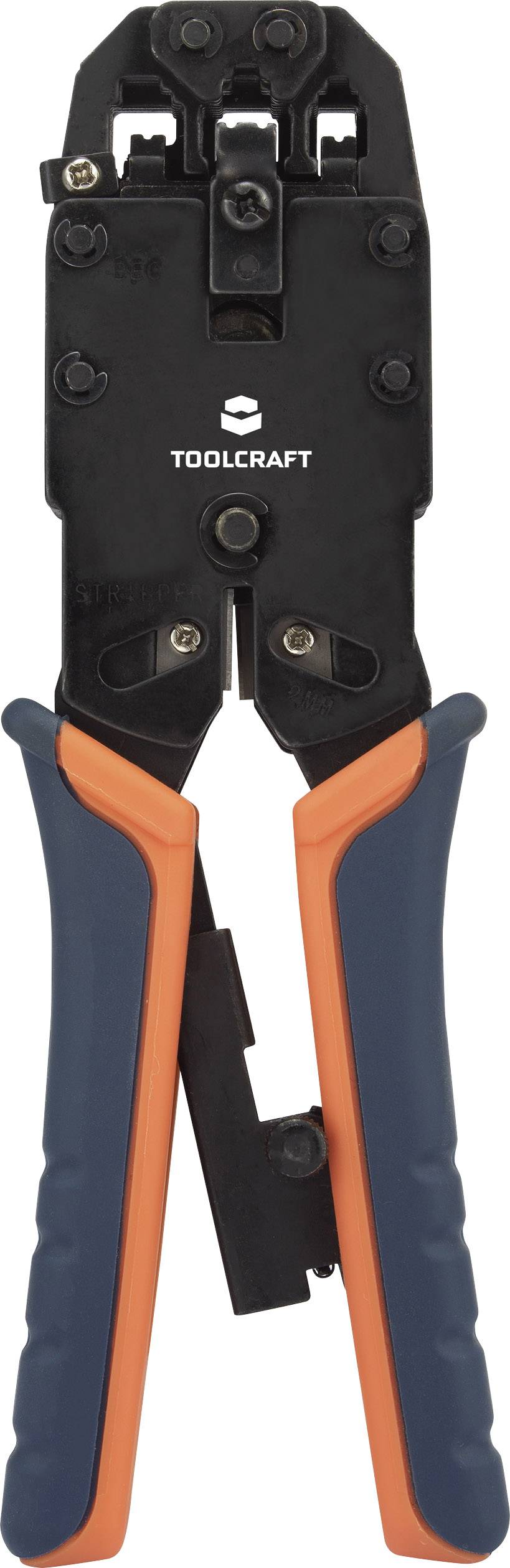 Hand crimping pliers with black and orange-blue handles, suitable for processing cable connections; front view.