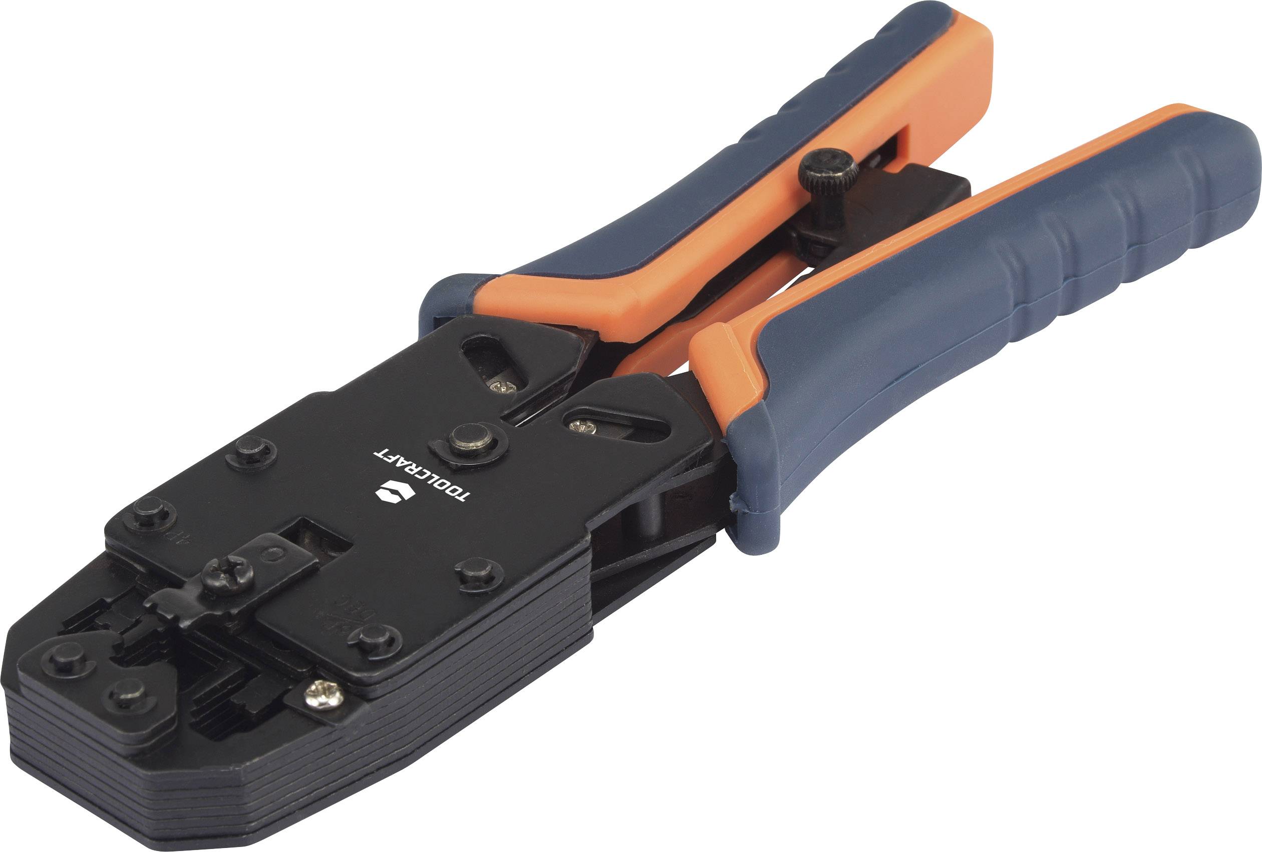 A black crimping pliers with blue and orange handles, used for attaching network cable connectors.