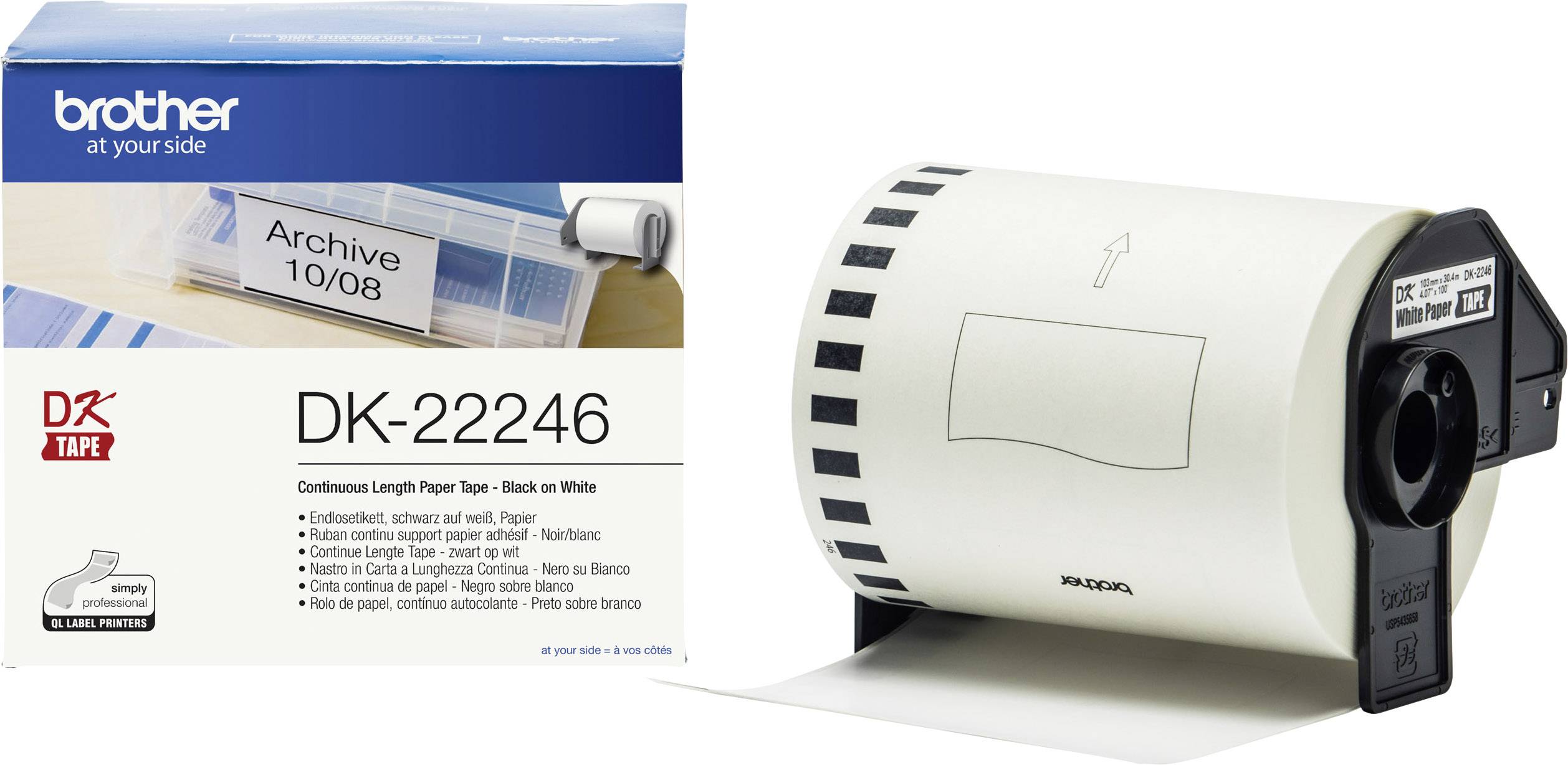 A packaging and a roll of Brother DK-22246 continuous label tape in white. The packaging shows a sample label 'Archive 10/08'.