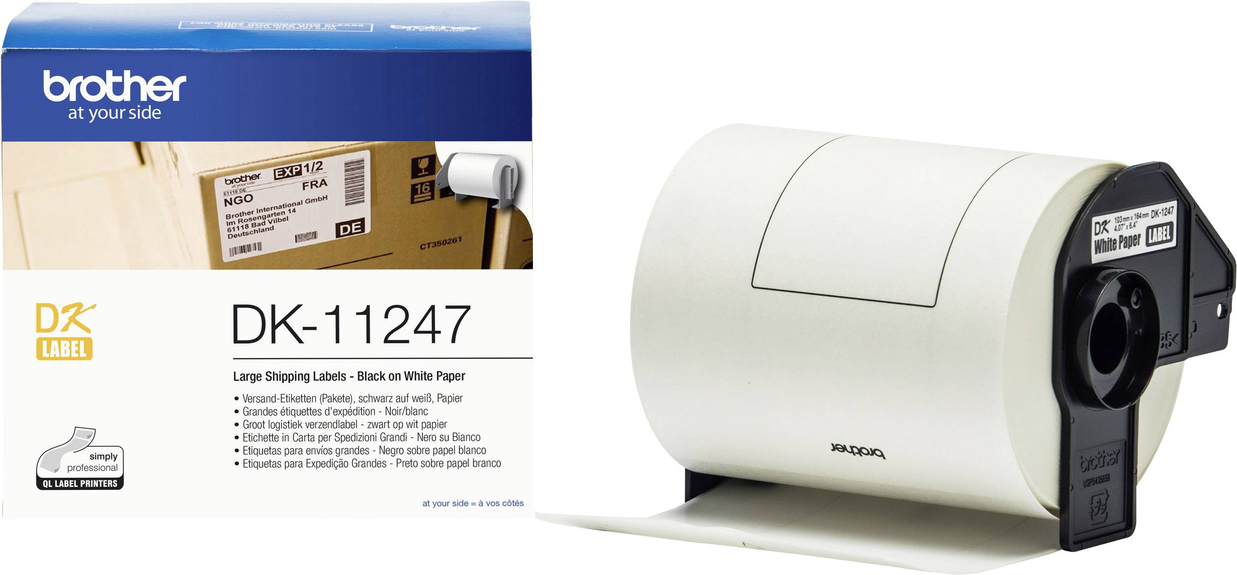 Label printer with large paper roll, next to packaging labelled 'Brother DK-11247, Large Shipping Labels'.