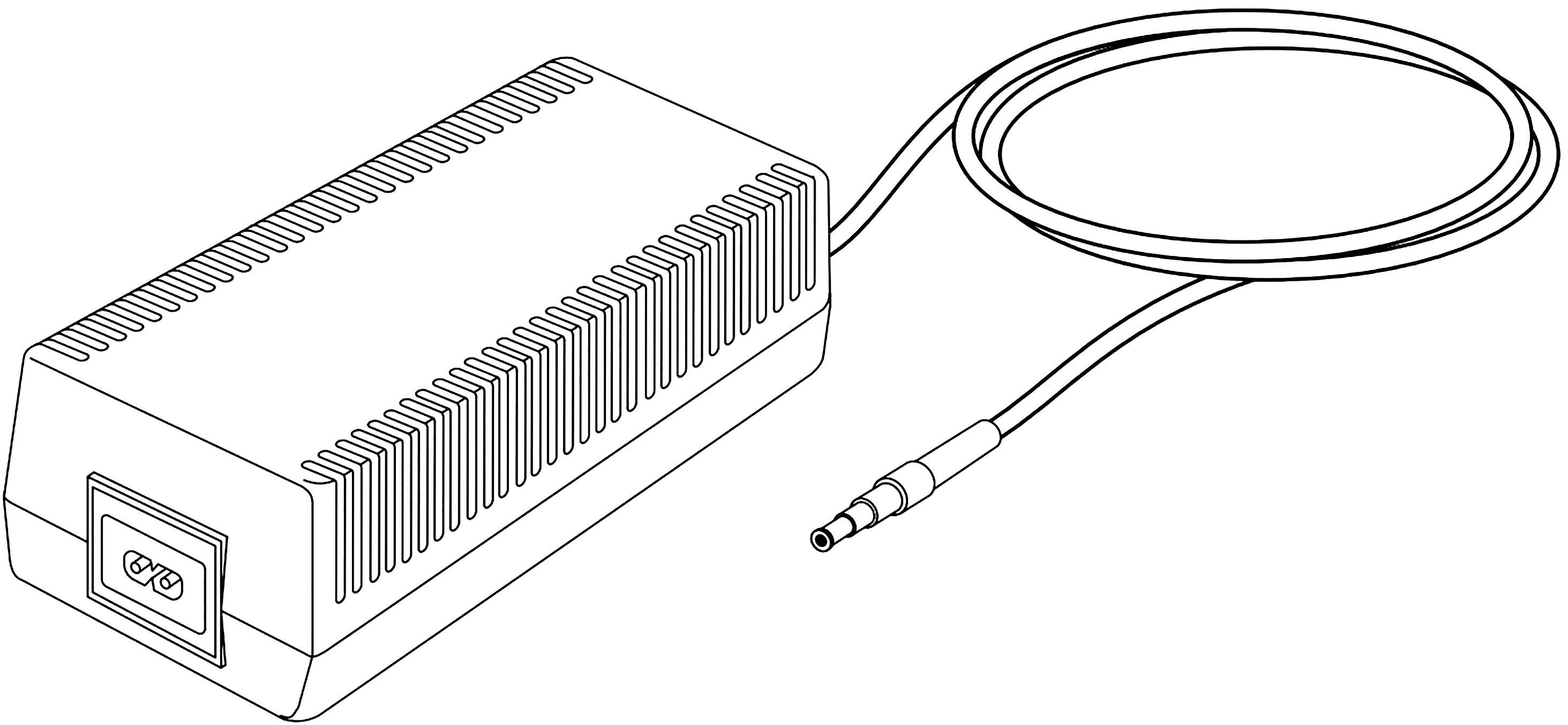 Power supply with cable and plug for device connection, rectangular shape with ribbed sides, suitable for electronic devices.