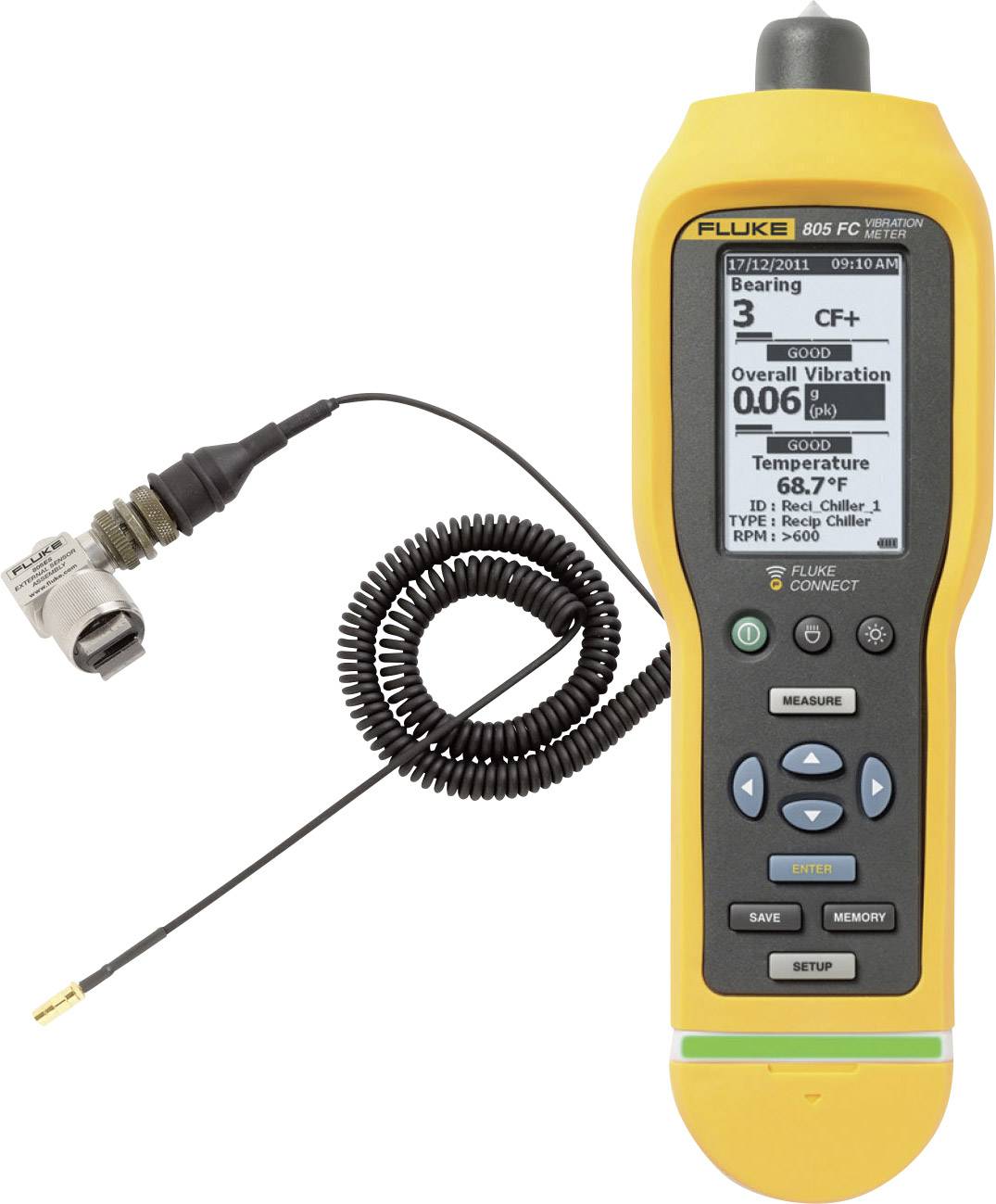 A portable vibration measurement device with a digital display shows data such as total vibration (0.06 g) and temperature (20.4°C).