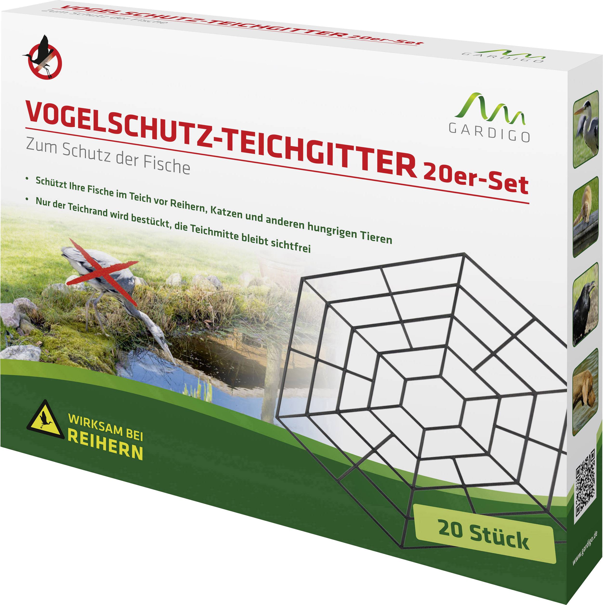 Packaging for a 20-piece Bird Protection Pond Netting Set for Fish Security. Image shows a pond with netting, protecting against herons.