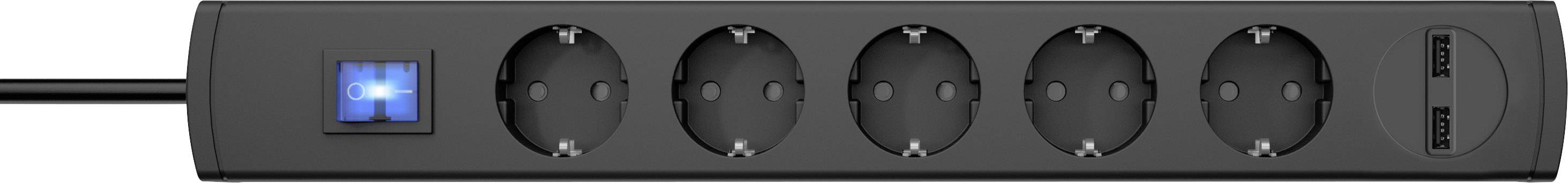 Black power strip with six sockets and blue indicator light on the left, suitable for multiple electronic devices.