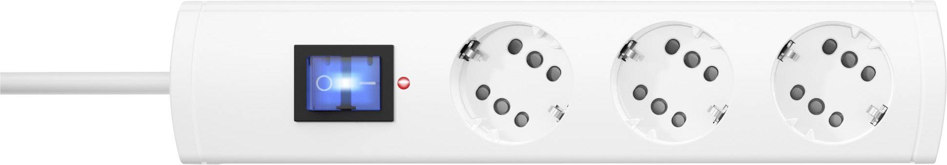 A white power strip with three socket outlets and a blue on/off switch.