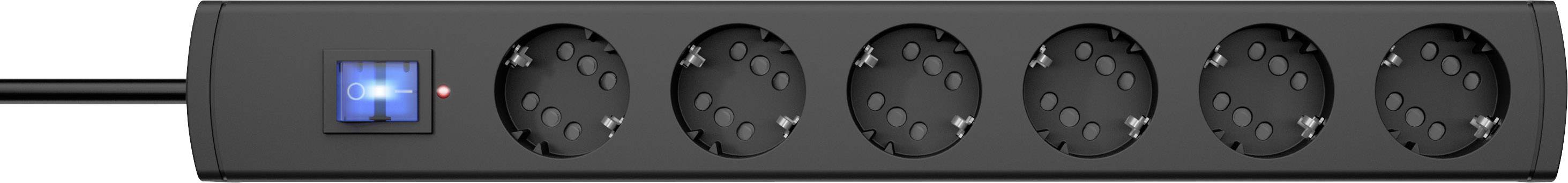A black six-socket extension lead. A blue switch on the left is activated.