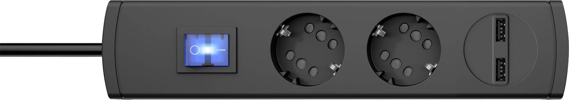 A black power strip with a blue-illuminated switch, two round plug sockets, and two USB ports.