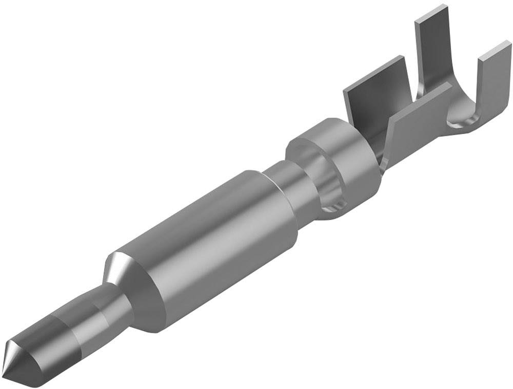 A silver metal pin with a cylindrical body and a forked end, commonly used in electrical connectors.