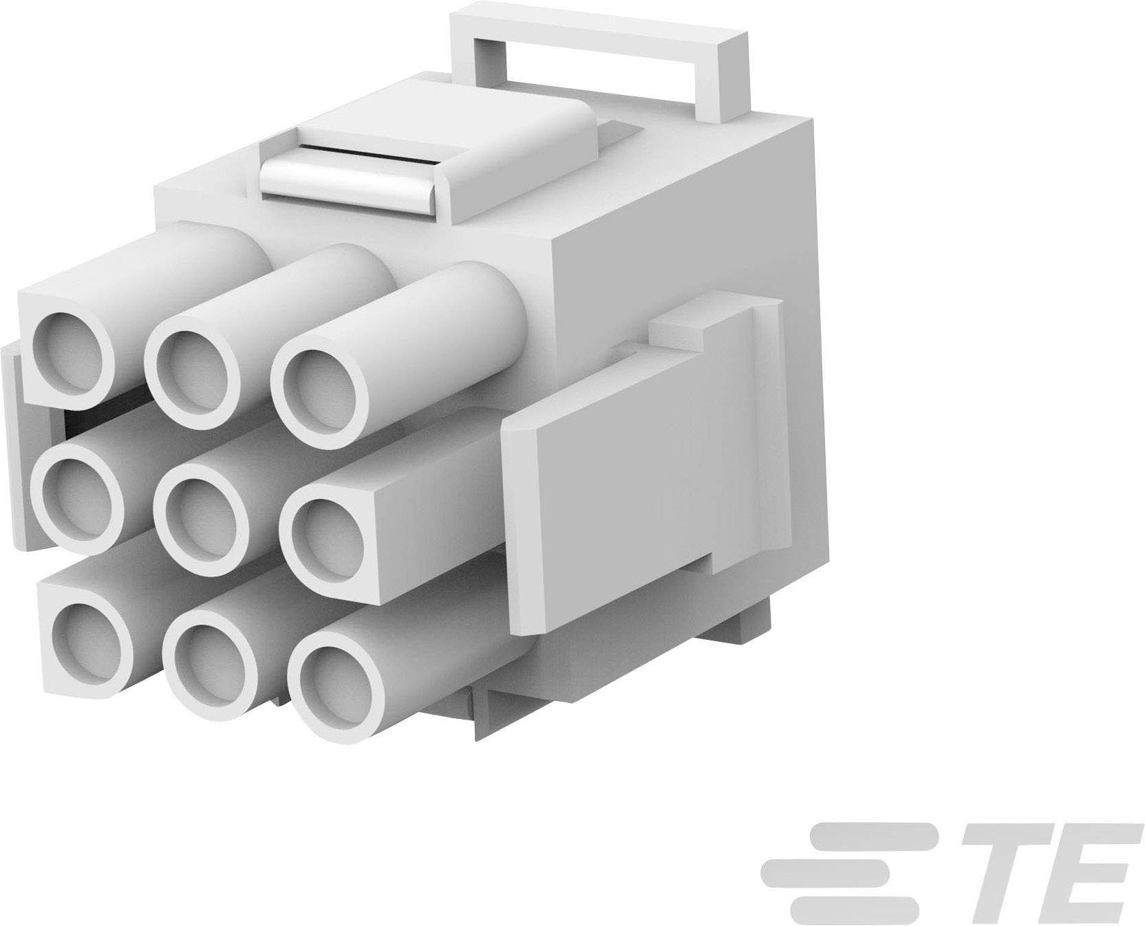 A white, rectangular electrical connector with seven cylindrical connection sockets.