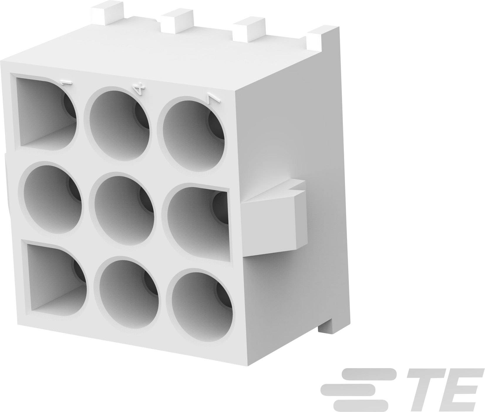 Connector with a 3x3 matrix made of white plastic, by TE Connectivity.