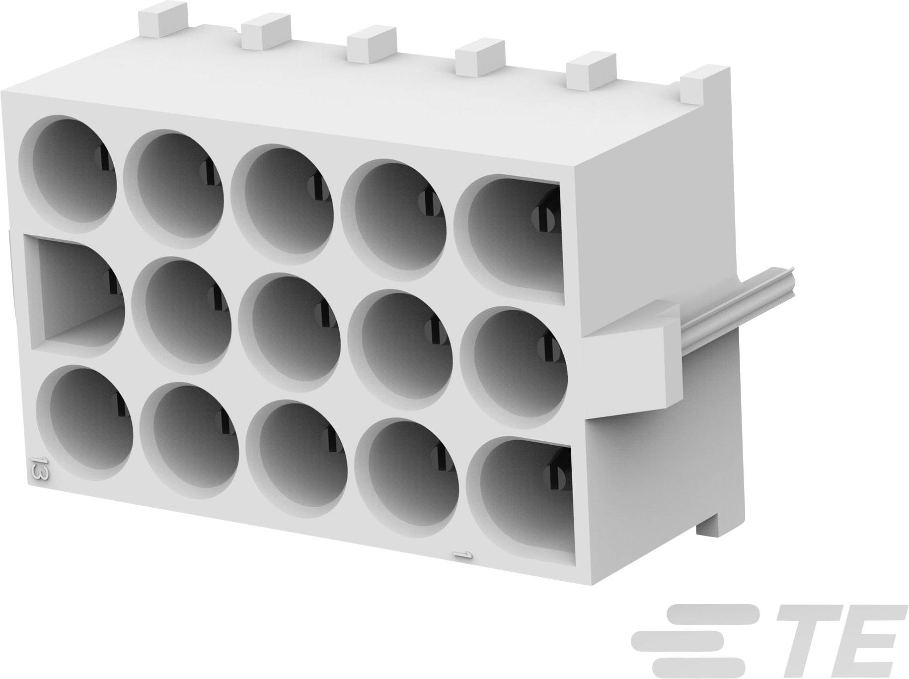 White connector block with 12 round openings and side clip mounting, brand logo bottom right.