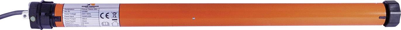 An orange electric roller shutter motor by 'Somfy', cylindrical in shape, with connection cable on the left side.