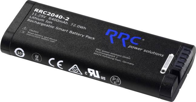 Lithium-ion battery, 11.25V, 6400mAh, RRC2040-2, black; product information and pictograms printed.