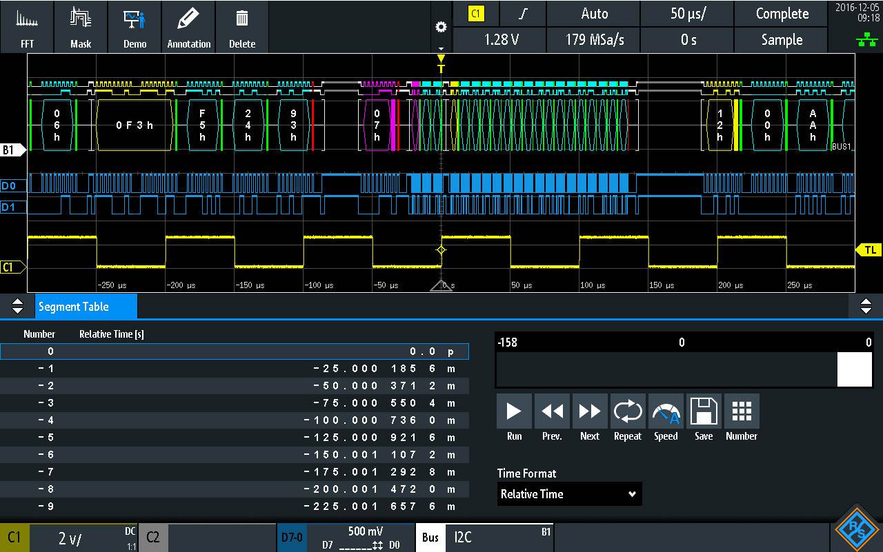 An oscilloscope image shows digital signals with different logic levels. A table with time segments and measured values is visible below.