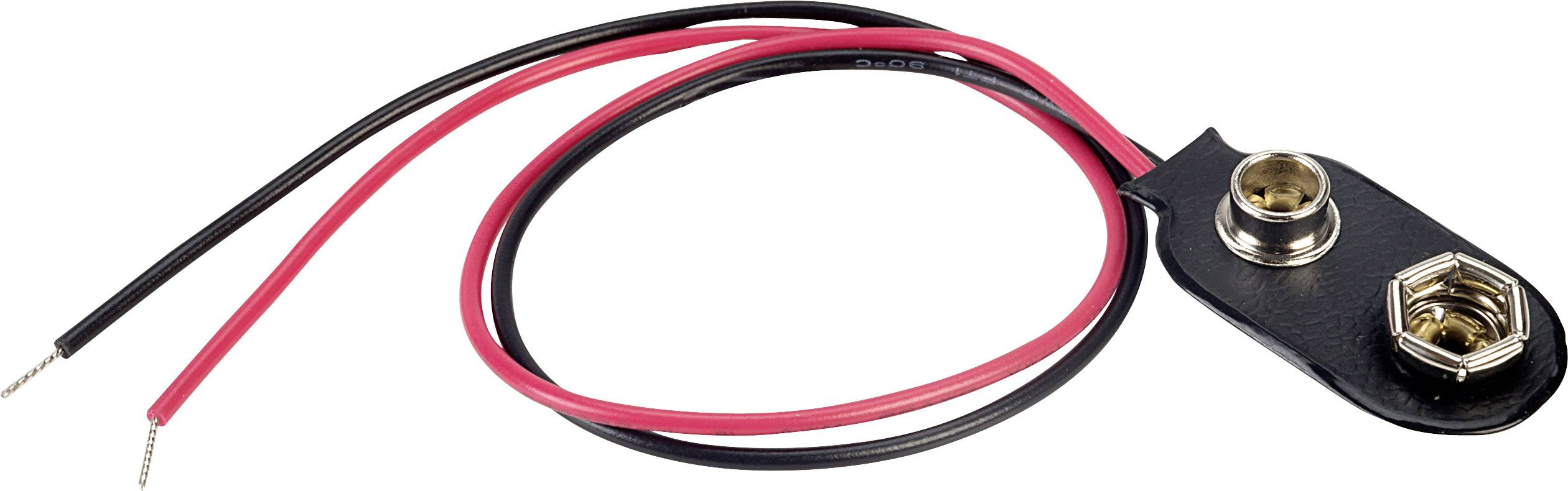 A battery contact clip with red and black wires, suitable for connecting a 9-volt battery to an electrical device.