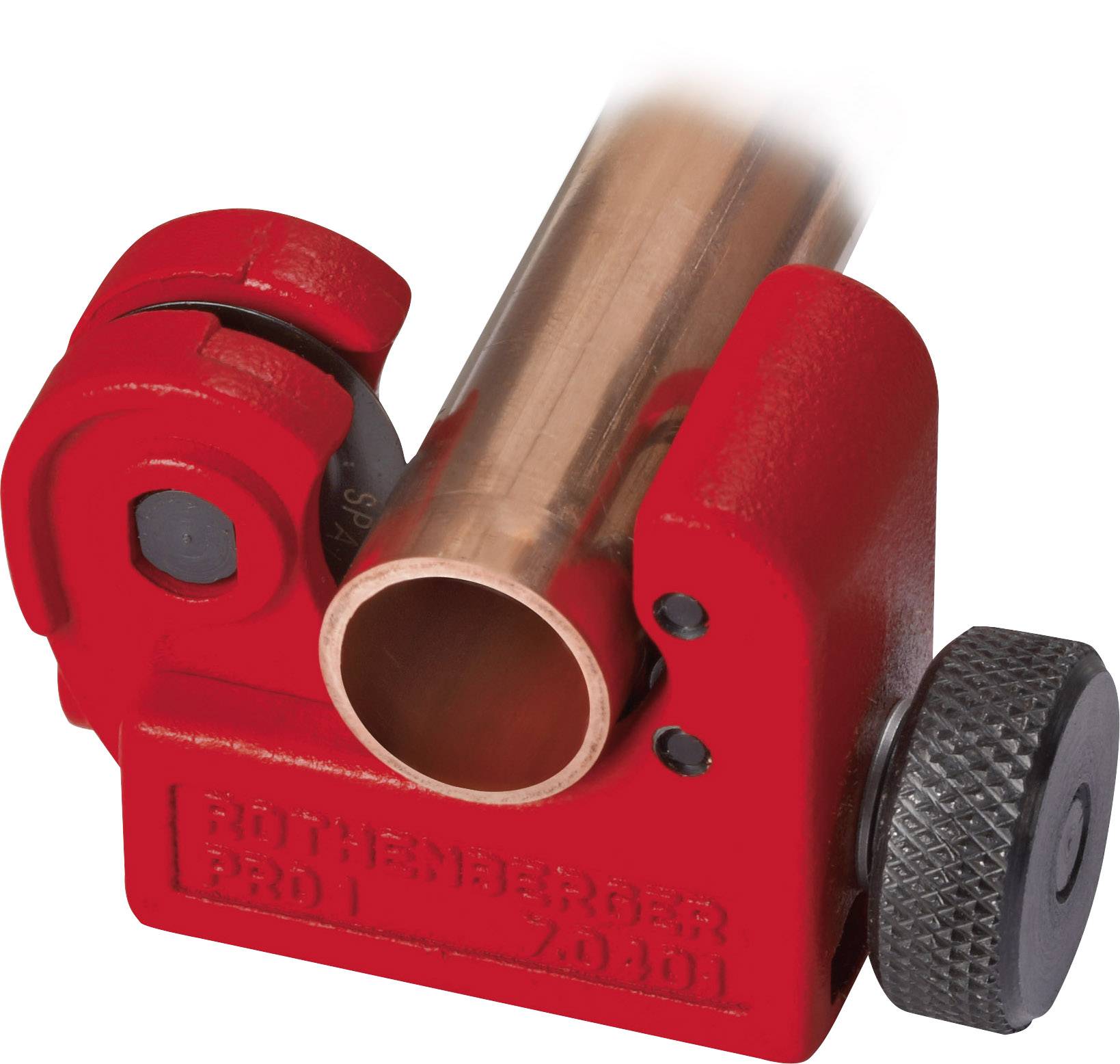 A red pipe cutter is gripping a copper pipe. It can be used to cut pipes with precision.