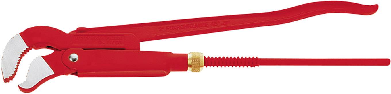 Red pipe wrench with adjustable handle and serrated jaws, suitable for gripping and turning pipes or round objects.