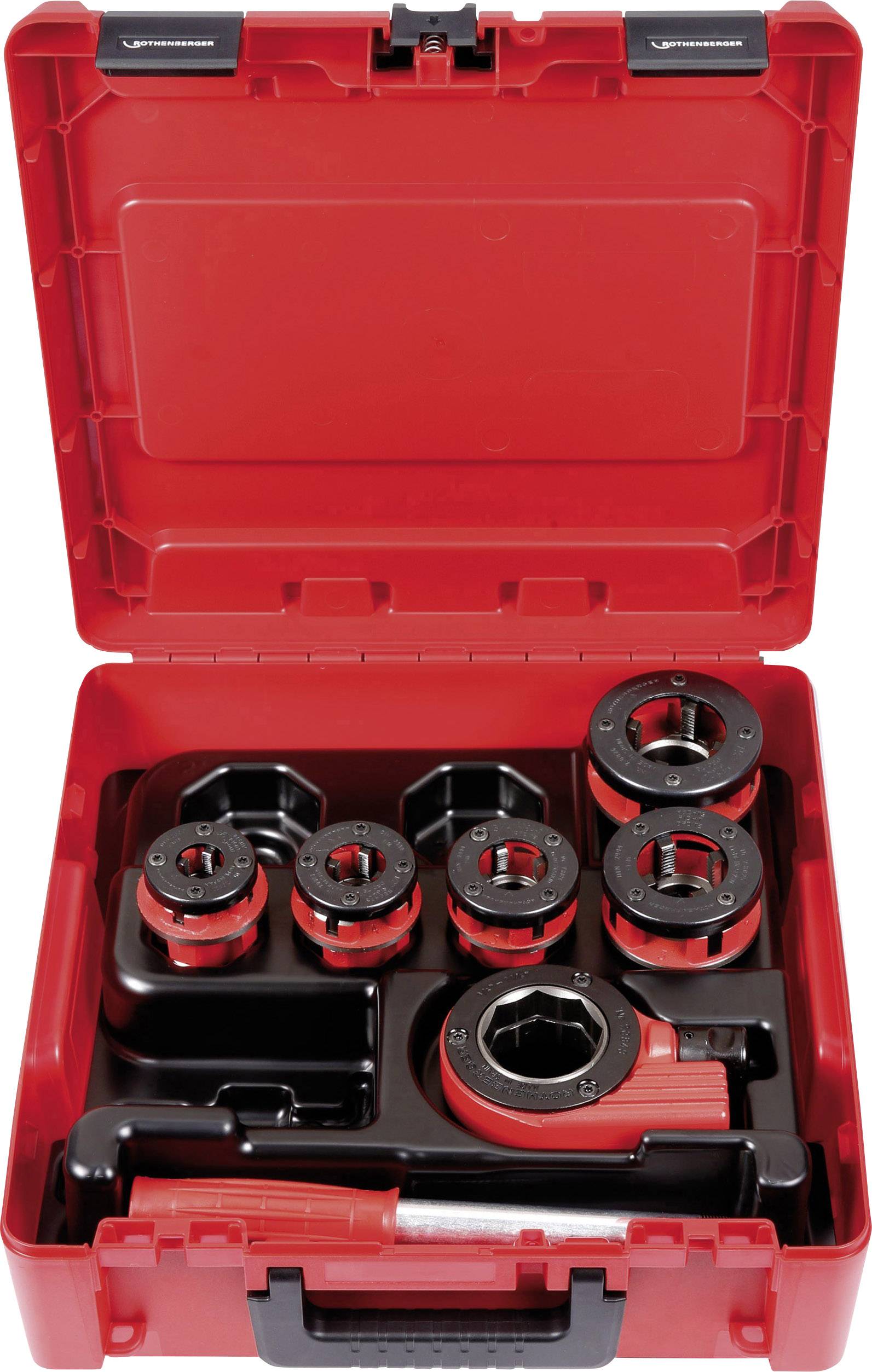 A red toolbox with various pipe cutter attachments. All parts are neatly organised in compartments.