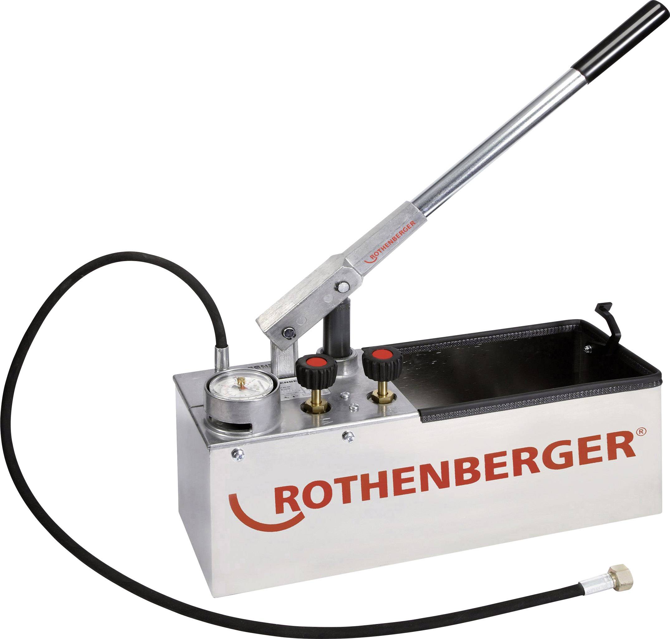 A Rothenberger test and pressure pump for hydraulic systems with metal housing, pressure gauge, handle, and hose.