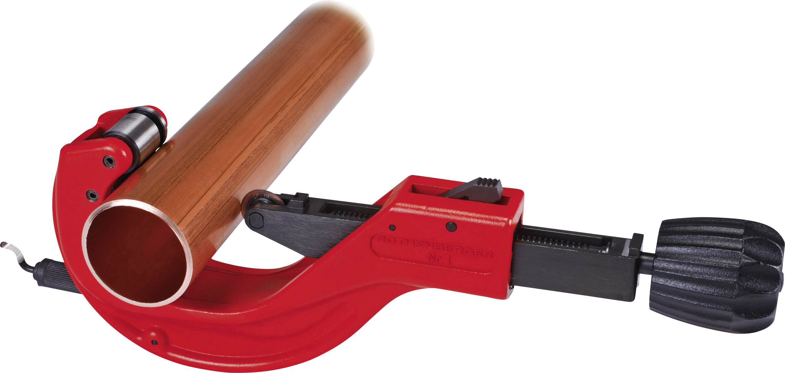 Metal pipe cutter, predominantly red, with a black handle, cutting a brown pipe.