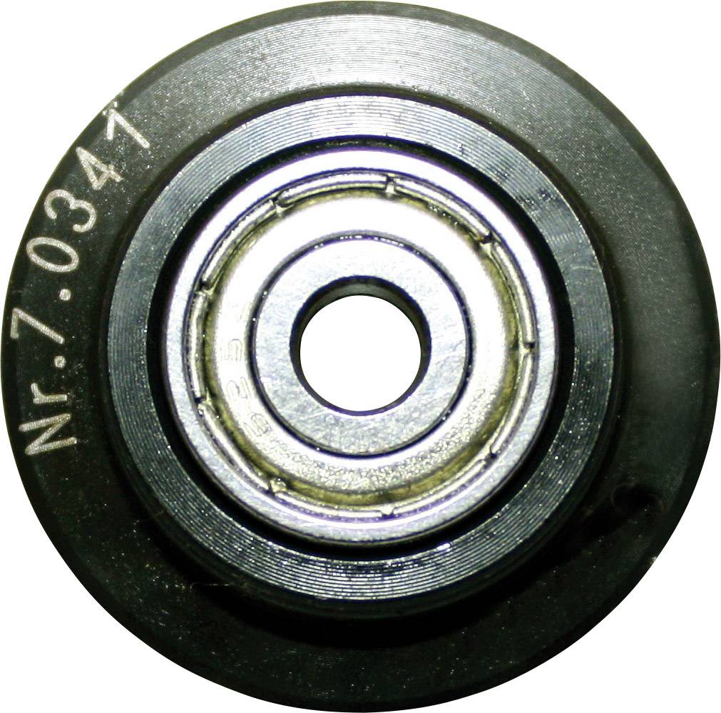 A black wheel with a metal bearing in the centre and the inscription 'No. 7.0341' on it.