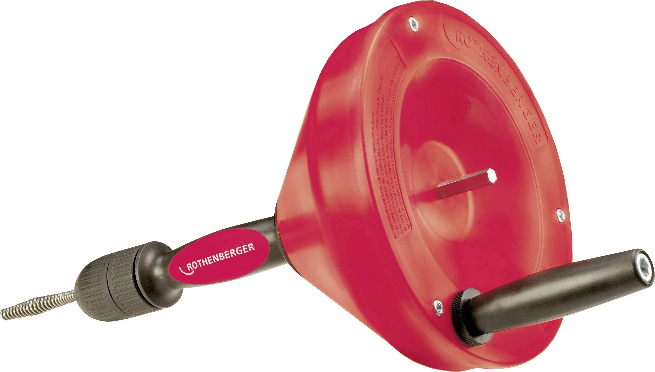'Rothenberger Drain Cleaning Spiral' with a red housing and crank handle. Used for clearing pipe blockages.