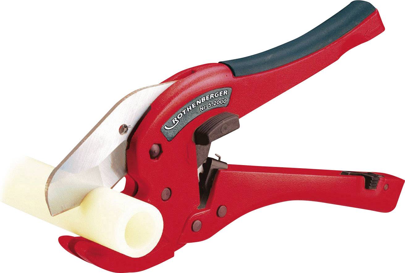 Red pipe cutters cut a white plastic pipe. The tool has ergonomic handles and a sharp blade for precise cuts.