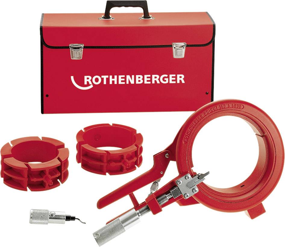A red toolbox with the inscription 'ROTHENBERGER' and various pipe wrenches and attachments lies in front of it.