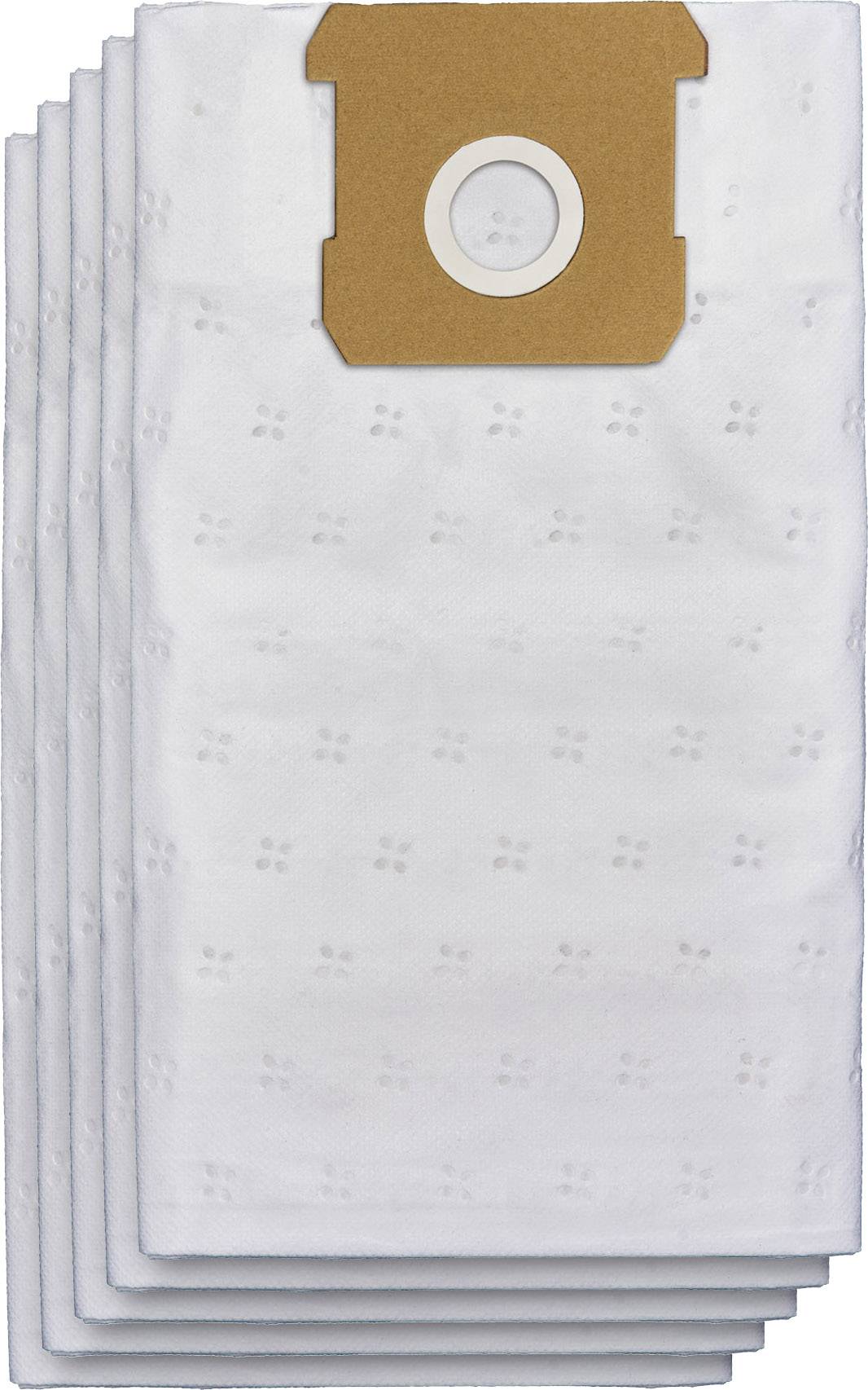 Five vacuum cleaner bags stacked on top of each other, fitted with a round connection; made of white material with small patternings.
