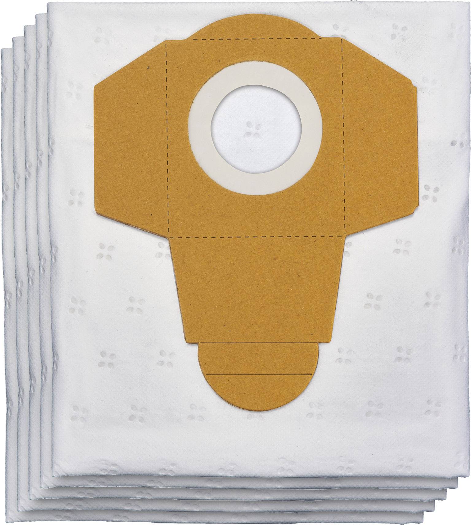 Vacuum cleaner bags in a stacked arrangement. Primarily light-coloured material with a brown sealing plate and circular connection.