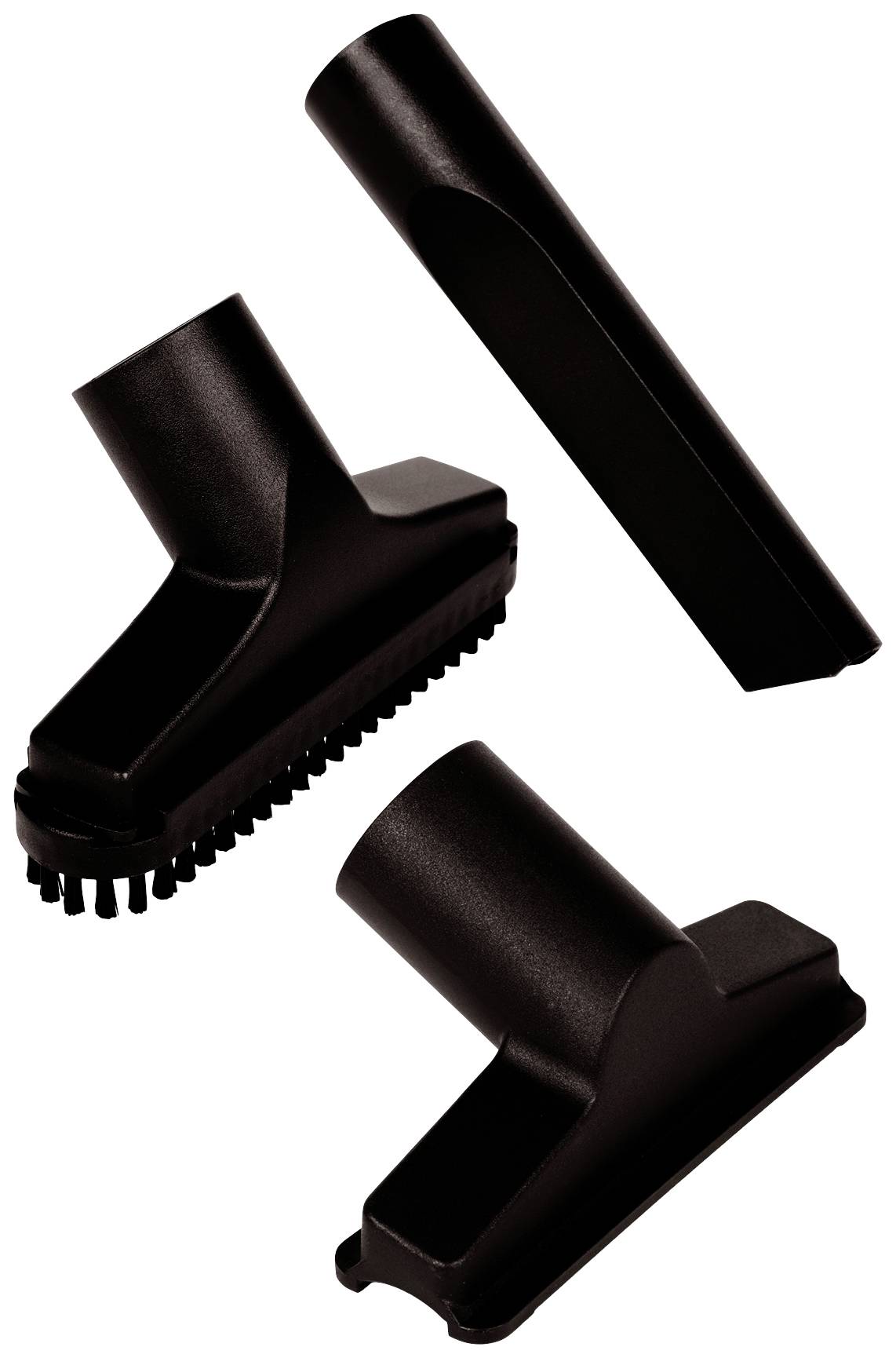 Three different vacuum cleaner attachments: a brush attachment, a narrow nozzle attachment, and a wider nozzle attachment.