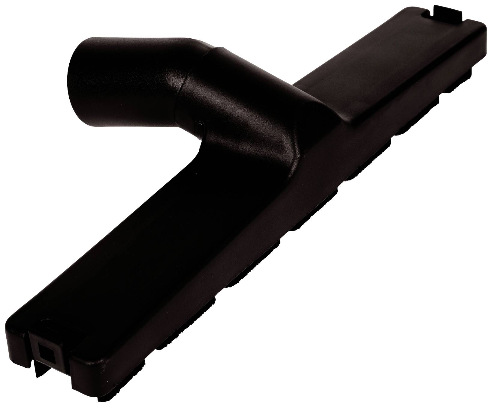 Black vacuum cleaner nozzle with a wide, flat shape, suitable for floor cleaning.