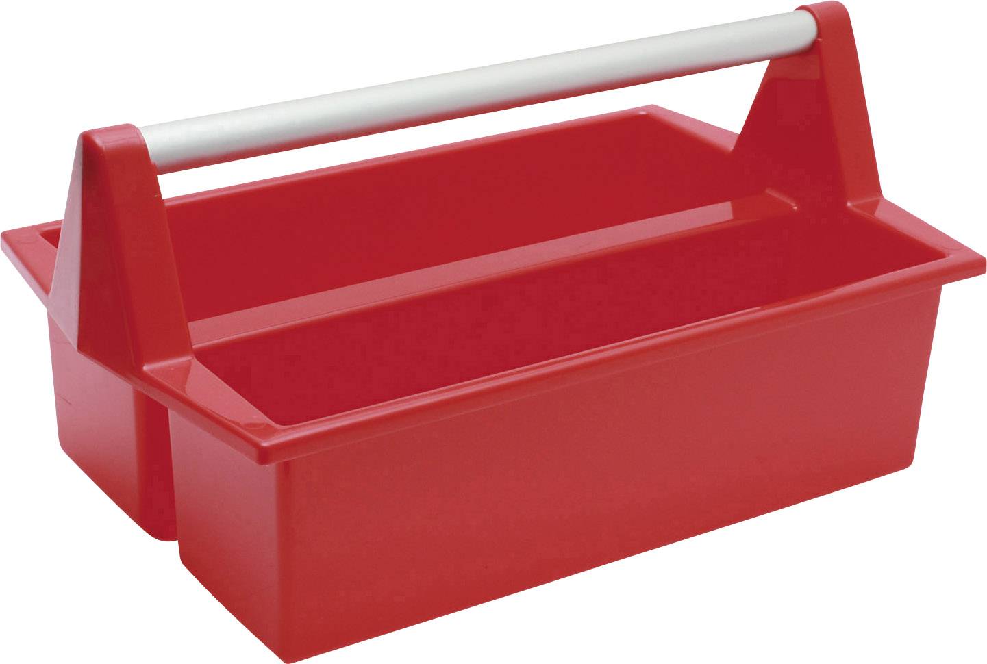 Red plastic container with a white handle, suitable for storing or transporting small items or tools.