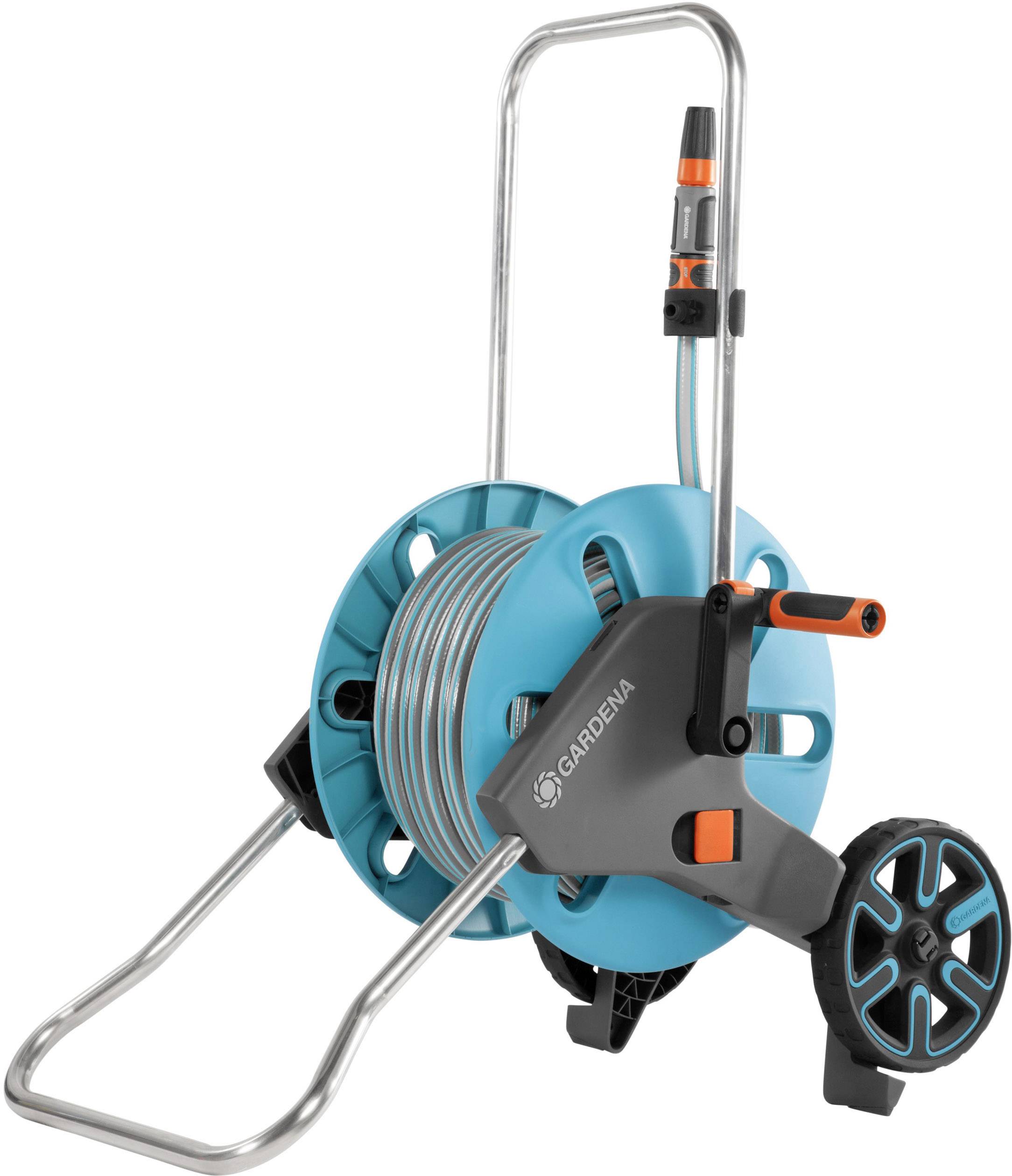 Garden hose reel in blue and black with handle and wheels. Complete with a hose, suitable for watering gardens.