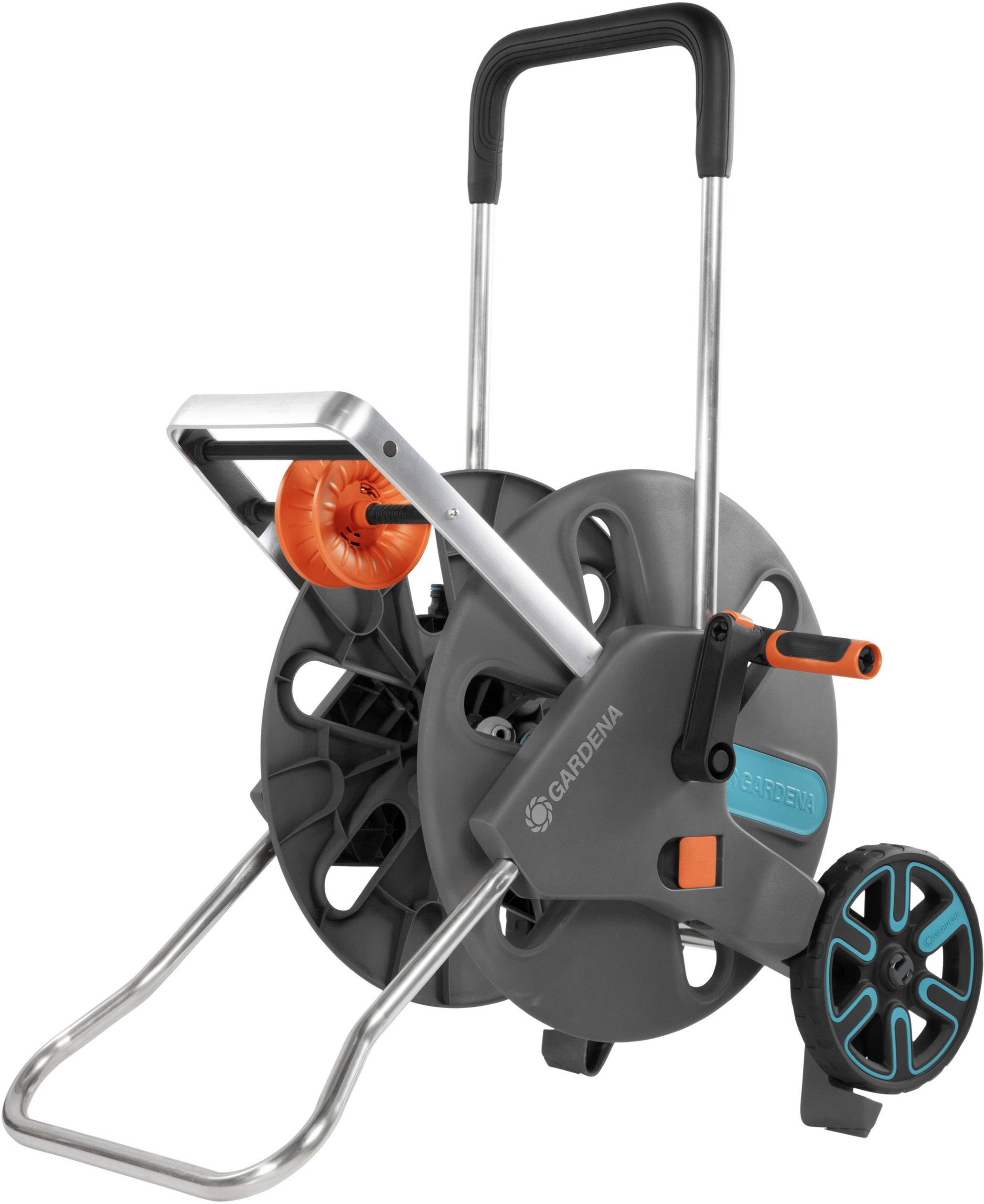 Garden hose reel with wheels and crank, compact and portable, ideal for storing and easily moving a garden hose.
