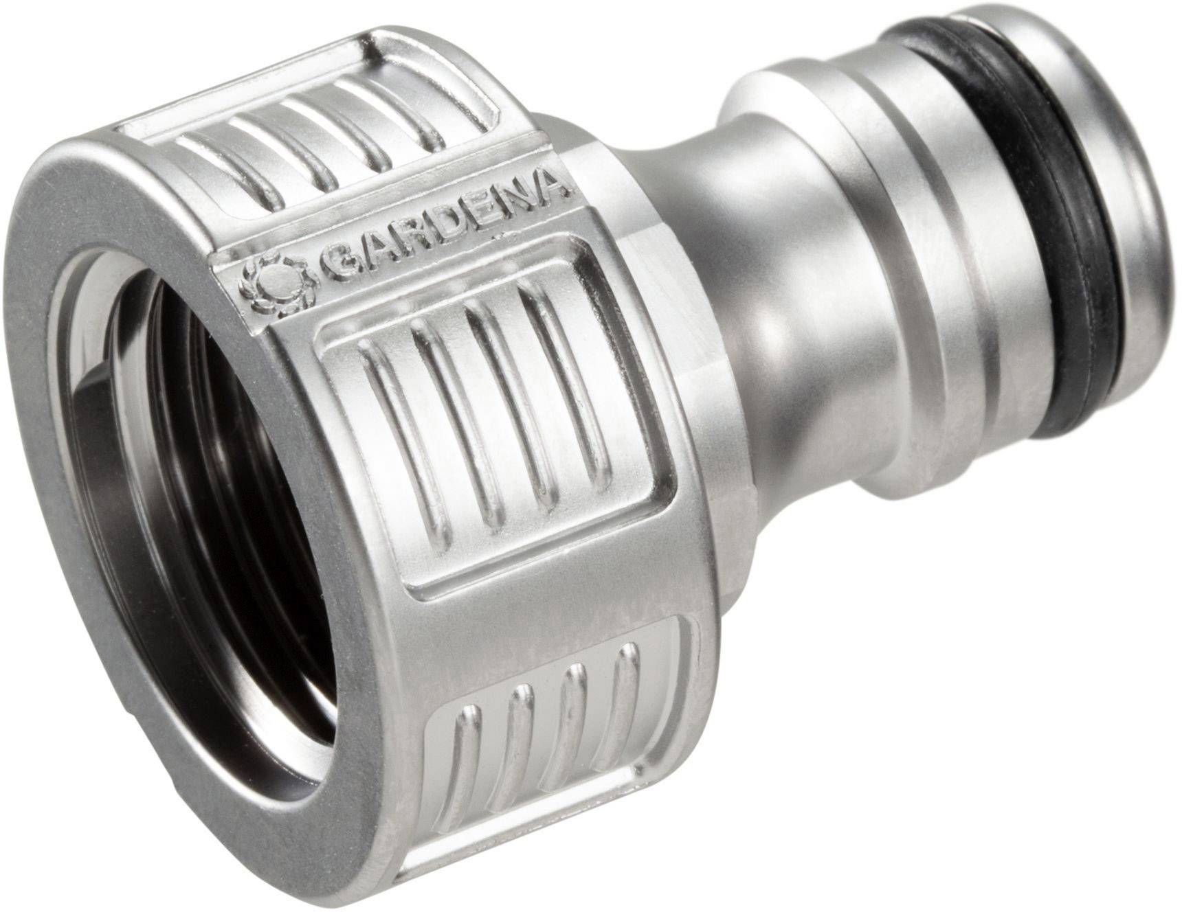 Metallic garden hose connector with threaded screw and rubber seal. Embossed with 'Gardena' logo. Suitable for hose connections.