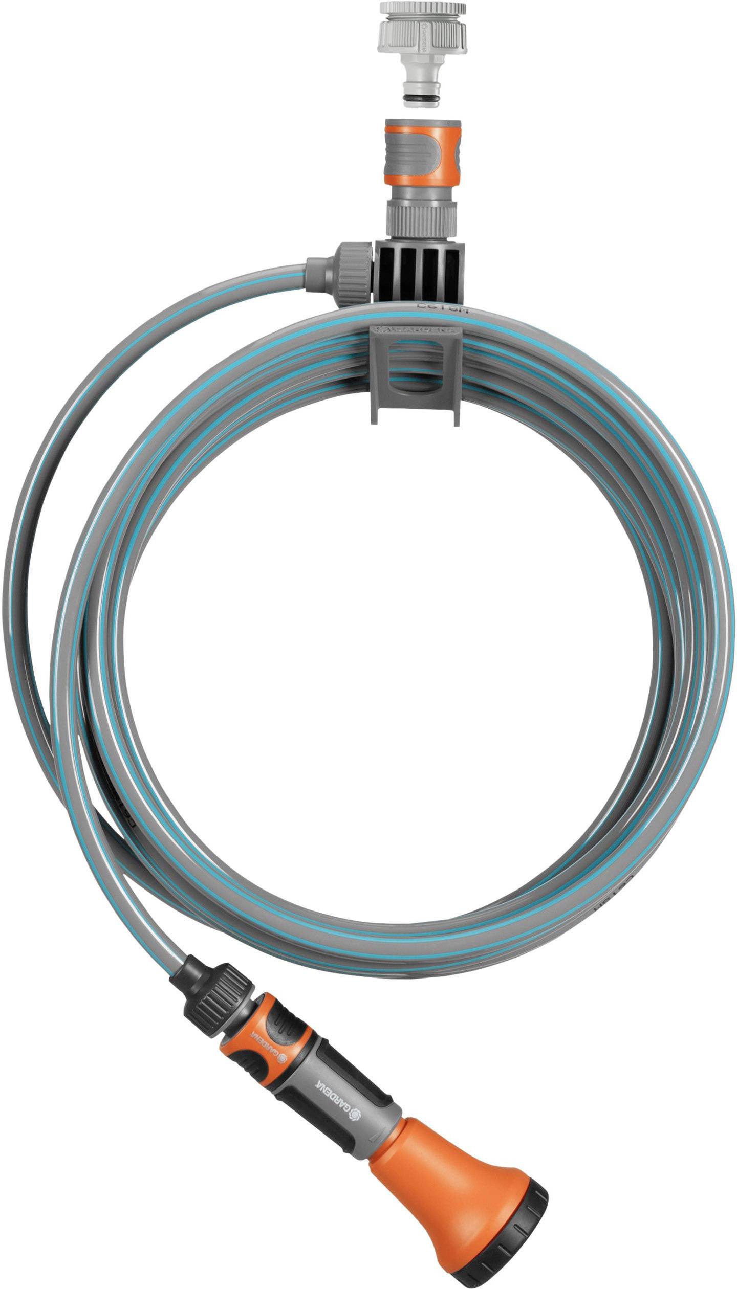 Garden hose with orange-black spray nozzle and blue stripes, coiled and with connection adapter.