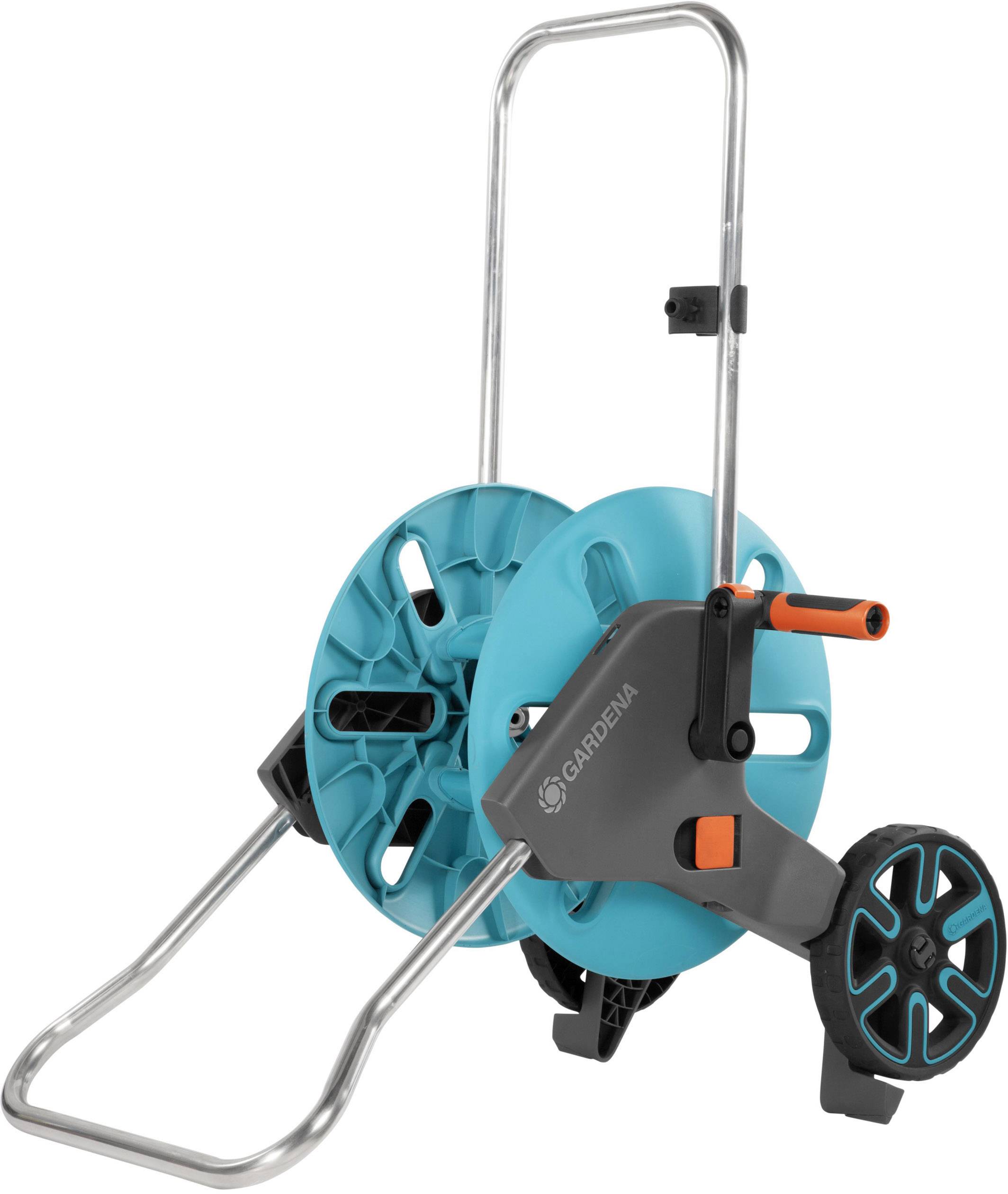 Garden hose trolley with two large wheels, blue hose holder, and black handle. Suitable for easy transportation of hoses in the garden.