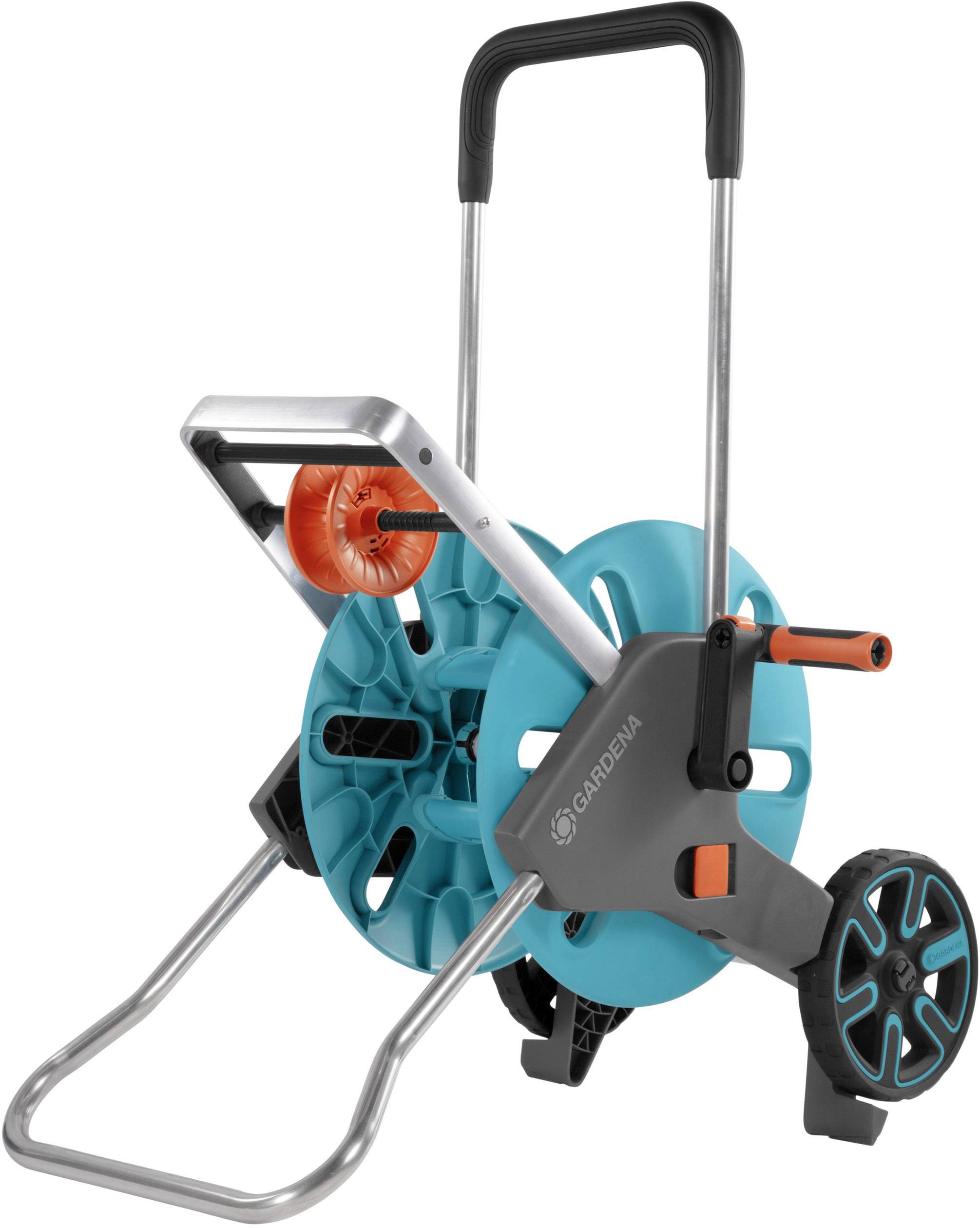Garden hose reel with handle, blue hose drum housing and black wheels, ready for storage or transportation.
