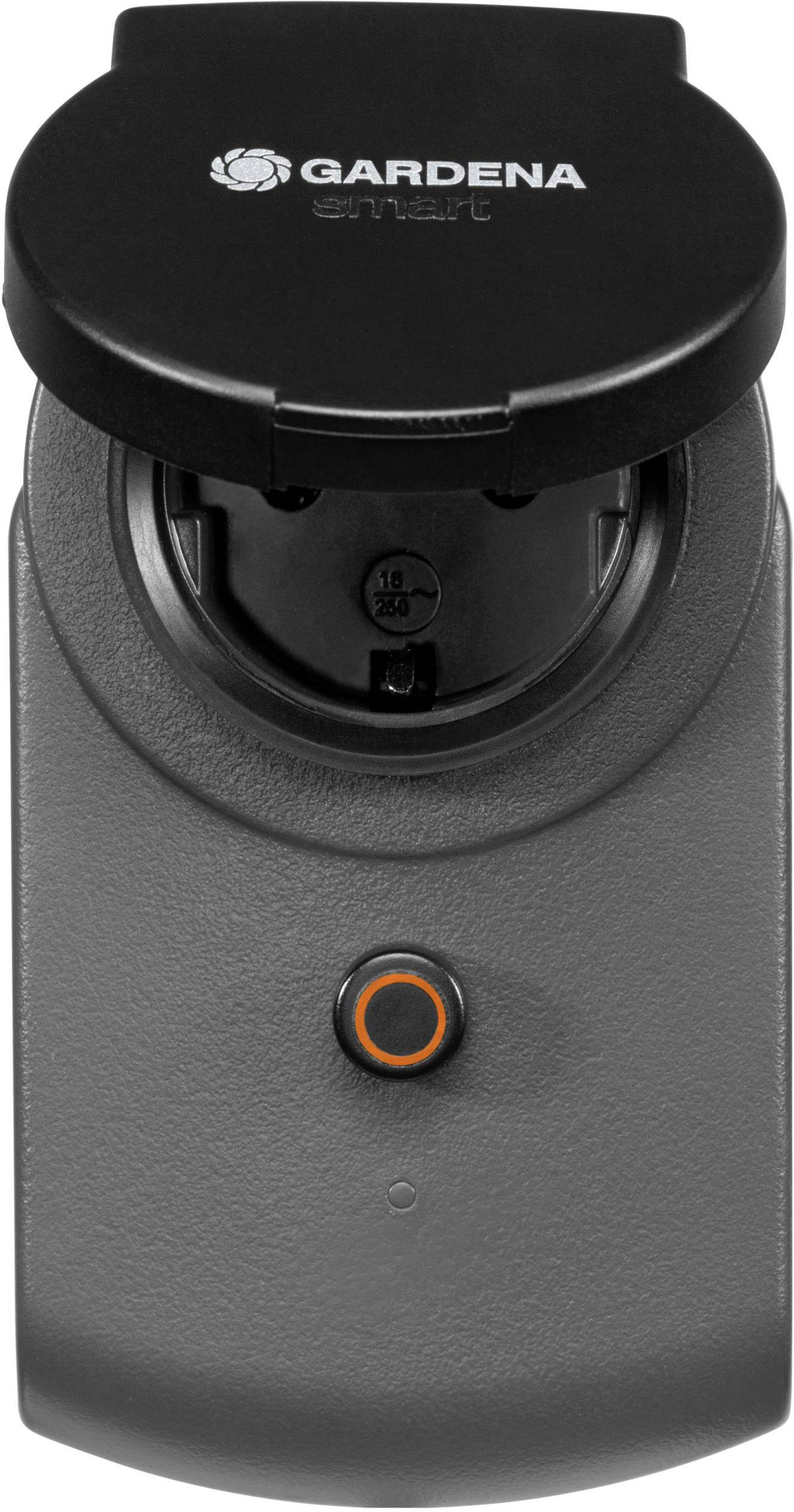 Grey GARDENA electric device with an oval lid and an orange button in the centre; for smart gardening.