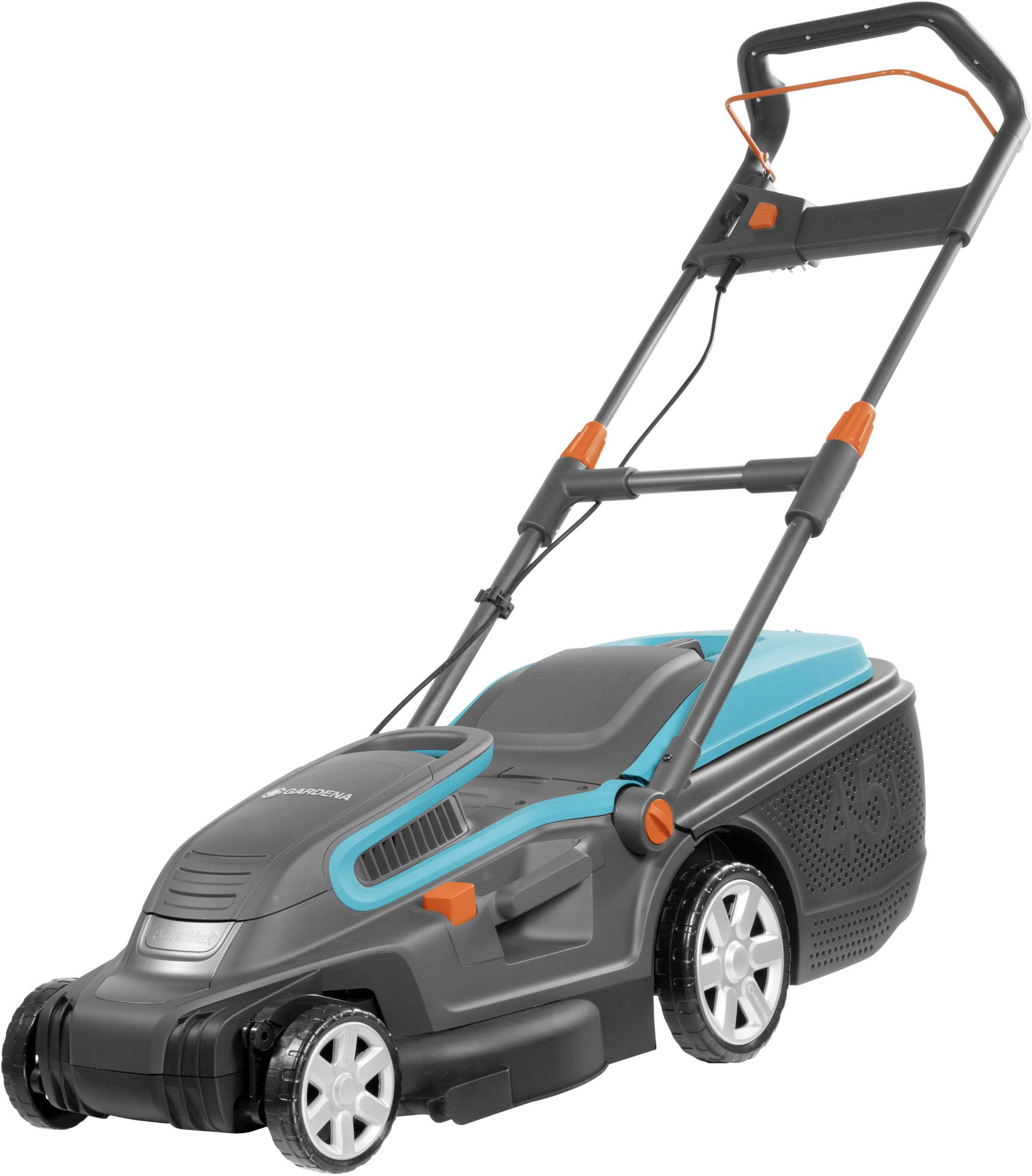 Electric lawn mower with a green casing and black wheels, suitable for medium-sized gardens.