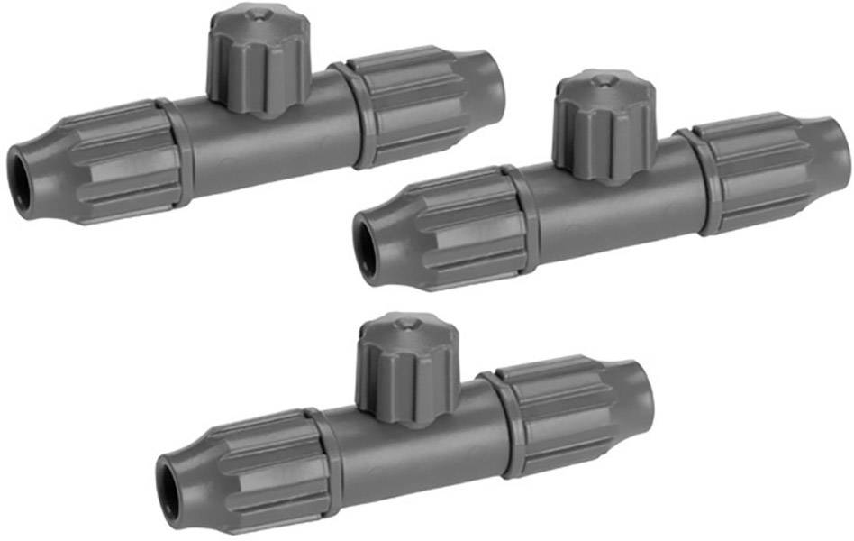 Three grey plastic valves in a row, used for controlling water flow in irrigation systems.