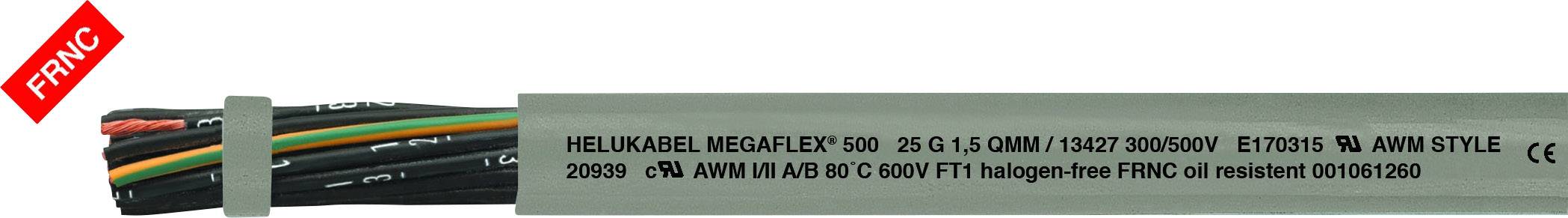 Multi-core cable 'HELUKABEL MEGAFLEX 500', halogen-free, flame-retardant, suitable for 300/500V, complies with standards 3011950, 26 G 1.5.