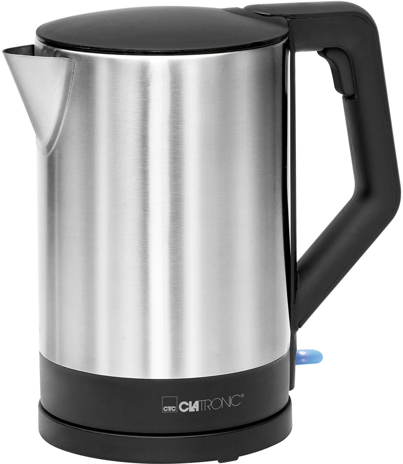 A silver electric kettle made of stainless steel with a black handle and spout.